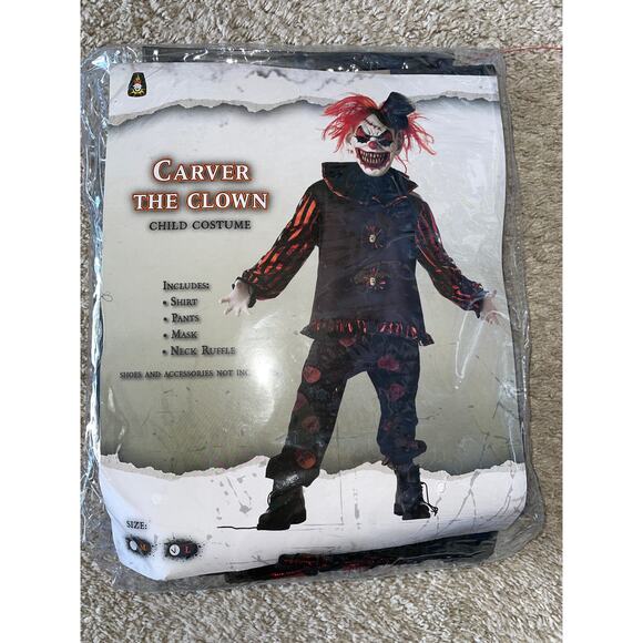 BOYS CARVER KILLER EVIL SCARY CLOWN HALLOWEEN COSTUME DRESS SIZE L  NEW - Picture 1 of 2